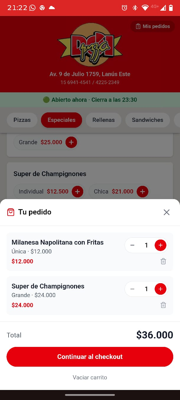 Menú dinámico con carrito y resumen del pedido