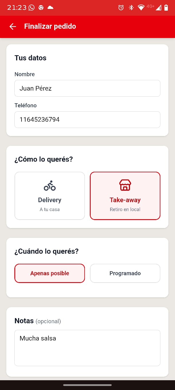 Finalización del pedido con datos, modo de entrega y horario