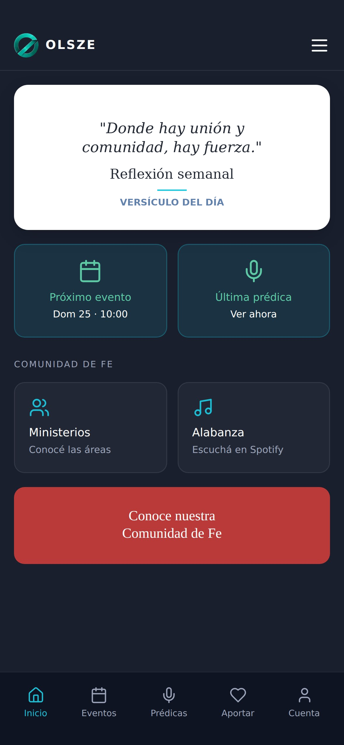 Home con próximo evento, prédicas y secciones de la comunidad