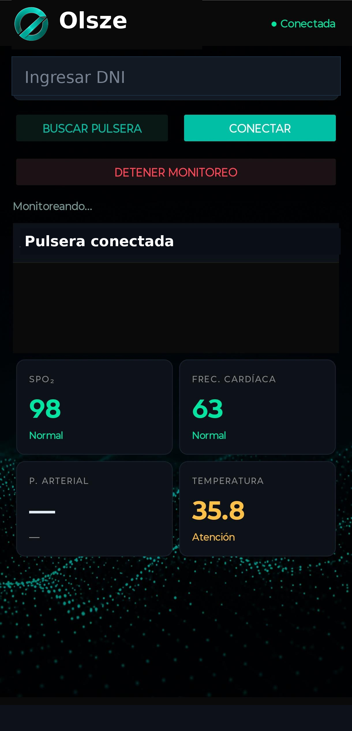 App de monitoreo: conexión a pulsera BLE y lectura de signos vitales
